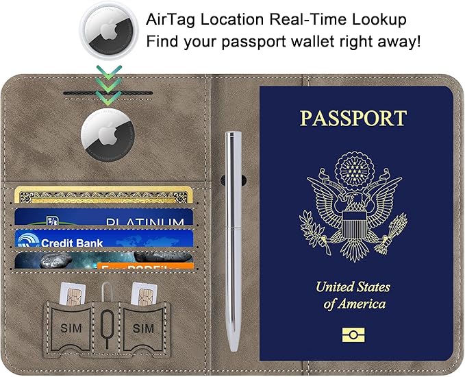 Airtag Passport Holder for Travel Essentials Wallet Rfid Blocking Cover Leather Case Vacation Travel Accessories for Women Men (601#Grey)