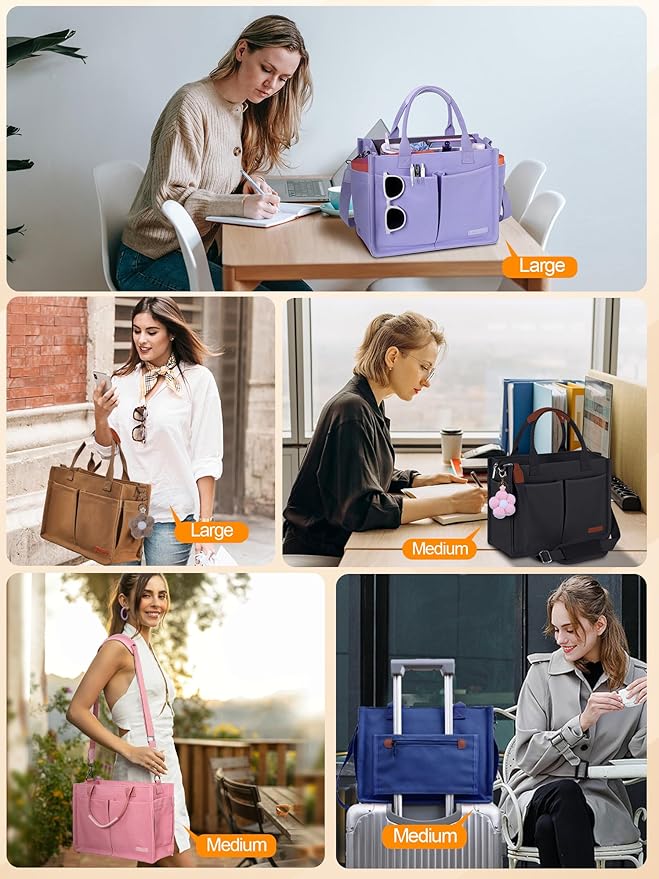 FIORETTO Womens Canvas Tote Bag Purse with Individual Compartment, Zipper Top, Reinforced Bottom & Luggage Sleeve