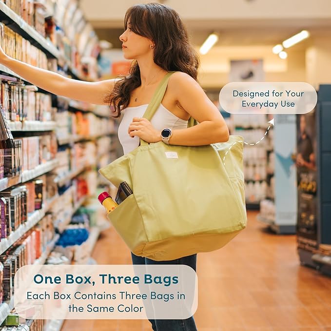 Nook Theory 3-Pack Reusable Grocery Bags - Heavy Duty, Large 12 Oz Cotton Canvas Reusable Shopping Bags With Pockets, 100% Cotton Cloth Grocery Totes, Foldable Multi Compartment (Mocha)