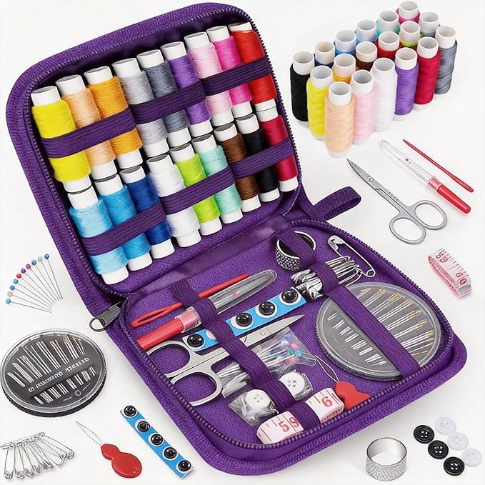 MIXCOOL Sewing Kit for Adults, Beginners, Needle and Thread Kit, Portable Sewing Supplies, Contains Thread, Scissor, Needles, (Purple, M)