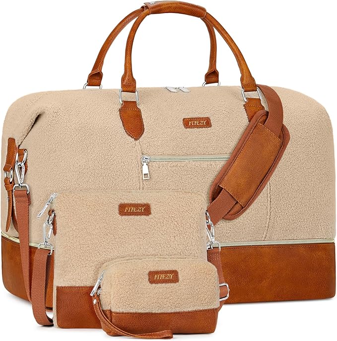 ITIEZY Weekender Overnight Bag for Women - Large Travel Duffel Bag with Shoe Compartment, Gym Duffel Bag Hospital Bag Carry On Tote Bags for Airplanes with Crossbody Bag Toiletry Bag 3Pcs Set