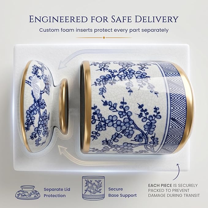 Tissue Vessel Round Ceramic with Lid - Handmade Blue and White Chinoiserie Ceramic Tissue Holder for Bathroom – Chinoiserie Decor Accent for Living Room, Bedroom, Office - Blue and White Porcelain