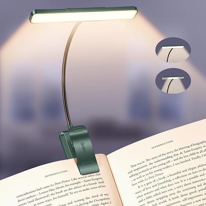 Gritin 2026 Gen 2 Book Light for Reading- 32 Eye Caring Full Spectrum LED, 5 Colors & 5 Brightness, Adjustable Wide/Narrow Beam, Upgrade 1500mAh Long-Lasting Clip on Light for Book Lovers-Forest Green