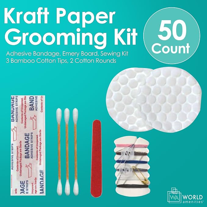 World Amenities Kraft Paper Grooming Kit - Travel Size Toiletries - Cotton Rounds, Bamboo Cotton Tips, Sewing Kit, Emery Board (50 Pack)