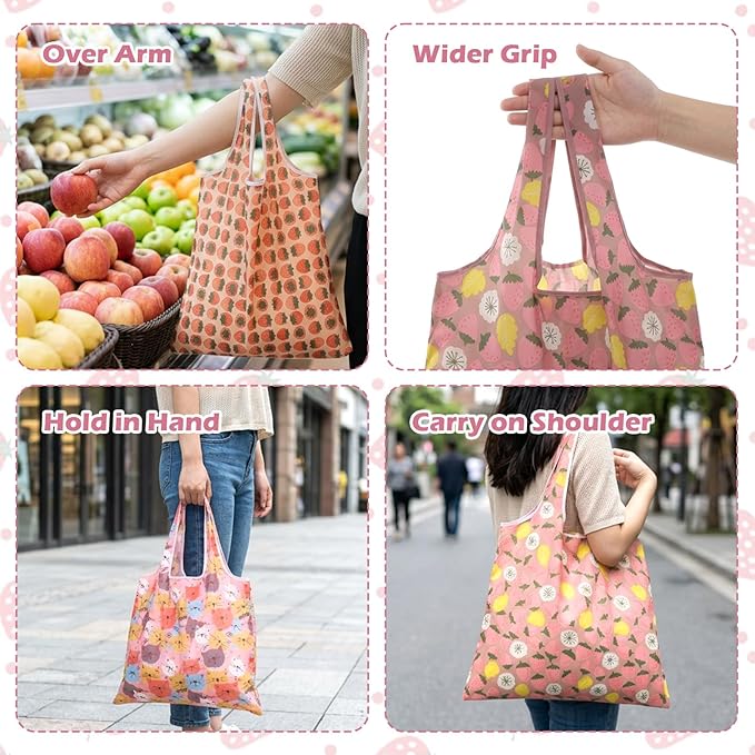 Ouligay 3 PCS Foldable Reusable Shopping Bags Foldable Grocery Bags 46×40cm Machine Washable Polyester Large Reusable Tote Bag for Daily Shopping Supplies Women Supermarket (1 Cat, 2 Strawberries)