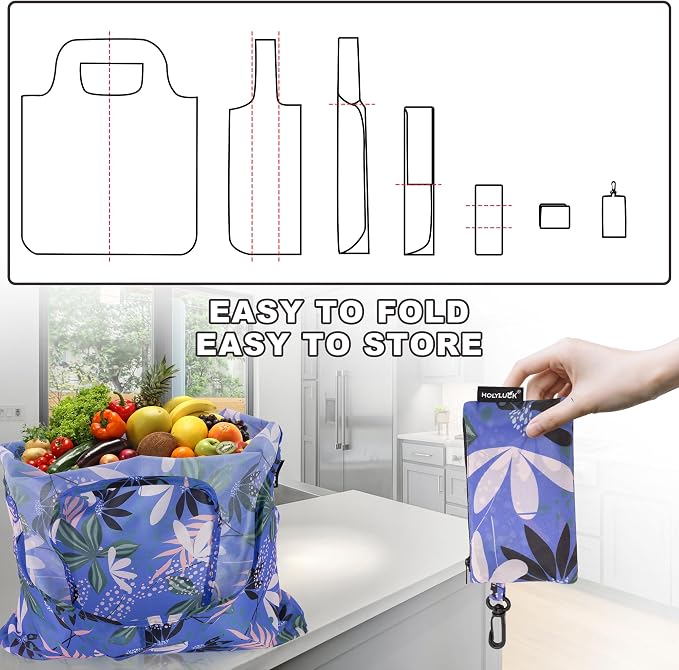 HOLYLUCK Reusable Grocery Bags,Heavy Duty Foldable Shopping Tote Bag (Standard, Purple leaves)