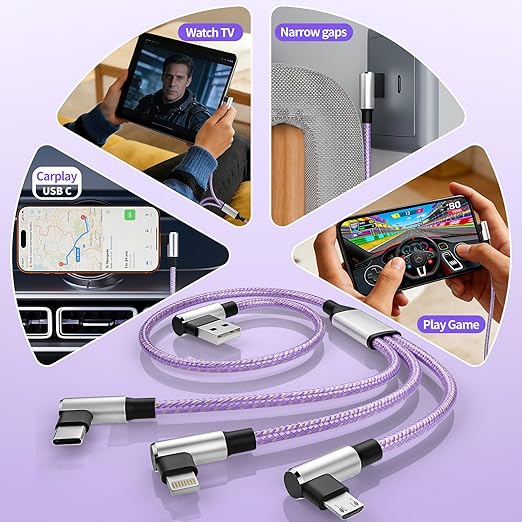 Gamer-Friendly & Travel Essentials 90 Degree Multi Charging Cable [2Pack 5FT], Right Angle 3 in 1 Charging Cable with USB-A to USB C/IP/Micro USB, Compatible with iPhone, Galaxy, Huawei, iPad and More