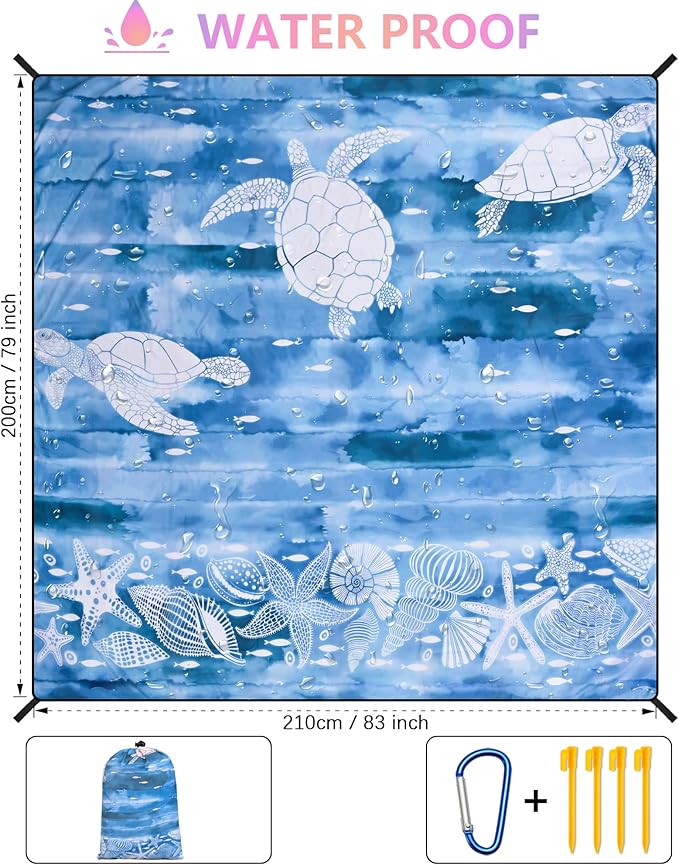 HIHOHO Beach Blanket Waterproof Sandproof Beach Mat 79”x 83” for 1-8 Adults Quick Drying Durable Outdoor Picnic Mat for Beach Festival Travel Camping Hiking (Ink Turtle-BL, 79"×83"(4 Person))