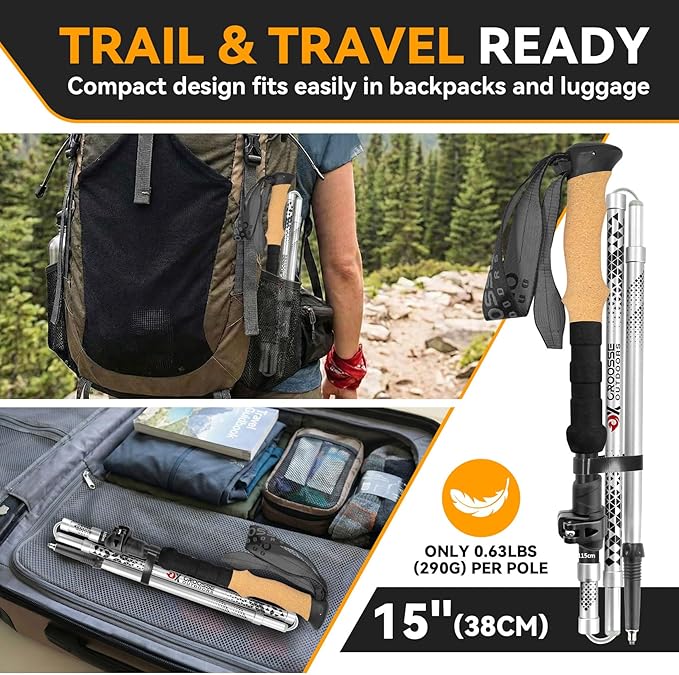 Collapsible Trekking Poles for Hiking - Lightweight Adjustable Aluminum Folding Hiking Poles, Cork Grip Walking Sticks for Seniors, Women & Men (2 Pack)
