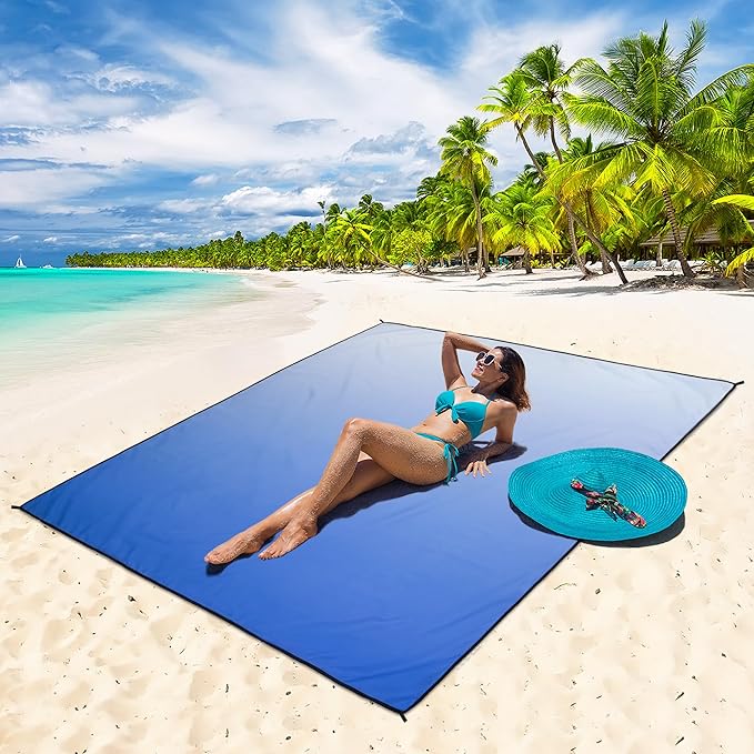 WIWIGO Beach Blanket Waterproof Sandproof Beach Mat 79" X 83"/10'x9'for 2-8 Adults Quick Drying Outdoor Picnic Mat Beach Accessories for Travel, Camping, Hiking