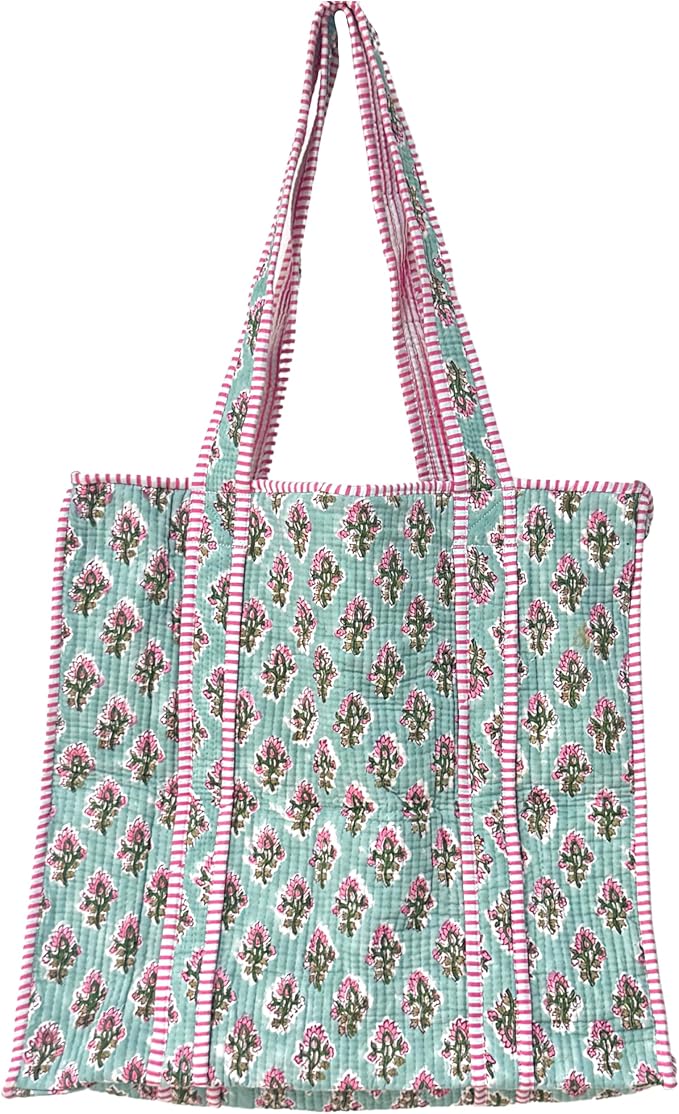 ATOSII Women Handblock Print Quilted 100% Cotton Floral Large Shoulder Tote Bag with Pocket, Zipper for Work, Beach & Travel