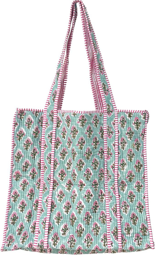 ATOSII Women Handblock Print Quilted 100% Cotton Floral Large Shoulder Tote Bag with Pocket, Zipper for Work, Beach & Travel