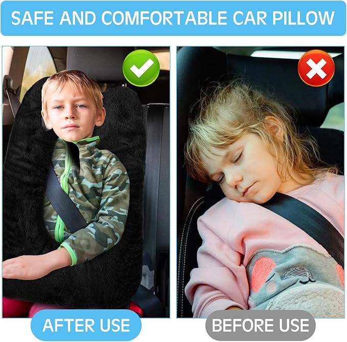 Barydat 2 Pcs Car Travel Pillow for the Back Seat 28 x 18 in Sleeping Reading Pillows for Distance Travel Car Cushion for Kids Adults Head and Body Support U Shaped Pad(Gray, Black)