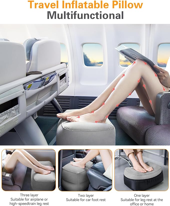 Sunany Inflatable Travel Foot Rest Pillow, Airplane Bed for Kids and Toddler, Adjustable Height Portable Car Leg Rest Pillow, Suitable for Airplane, Trains, Cars, Home, Office and Any Travel (2 Pack)