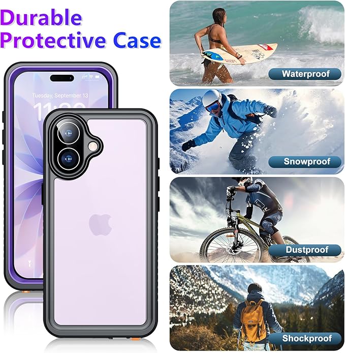 Compatible with iPhone 17 Case,Waterproof Built-in Screen & Camera Protector IP68 Underwater Full Body 17FT Military Dropproof Shockproof Phone Case 6.3"-Purple/Clear
