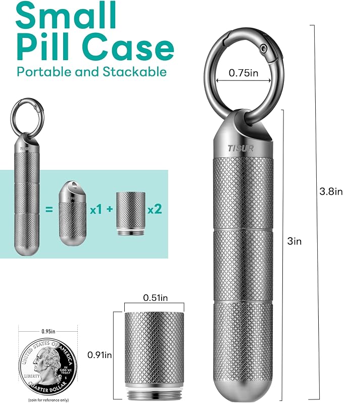 TISUR Titanium Keychain Pill Holder Small Metal Pill Case, Pill Organizer Portable Waterproof Pill Container, Travel Pill Bottle Box for Purse (Small-0.51in 3 Separate Compartments)