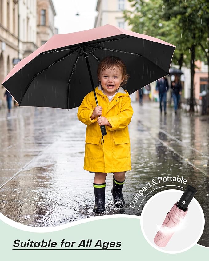 HIPPIH Compact Travel Umbrella for Rain - Windproof Automatic Umbrellas, UV Umbrella for Sun Protection with Black Anti-UV Coating, Portable Small Umbrellas for Backpack, Car, Walking, Kids, Women