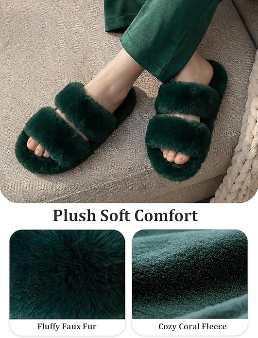 FamilyFairy Women's Fluffy Faux Fur Slippers Comfy Open Toe Two Band Slides with Fleece Lining and Rubber Sole