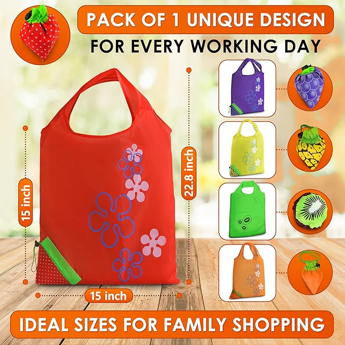 5 PCs Fruit Micro Tote Bag – Reusable Grocery Bags Foldable with 15"x15" Capacity Size, Washable Build for Wear Resistance and Long Service Life – Handy Choice for Market Trips and Daily Carrying