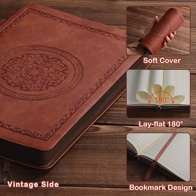 Fetinar 2026 Leather Vintage Journal Notebook,300 Pages,Leather Softcover Lined Journal Notebooks for Women Men,Notebook Journals for Writing Travel,Business,Office,7.1'' X 9.8''