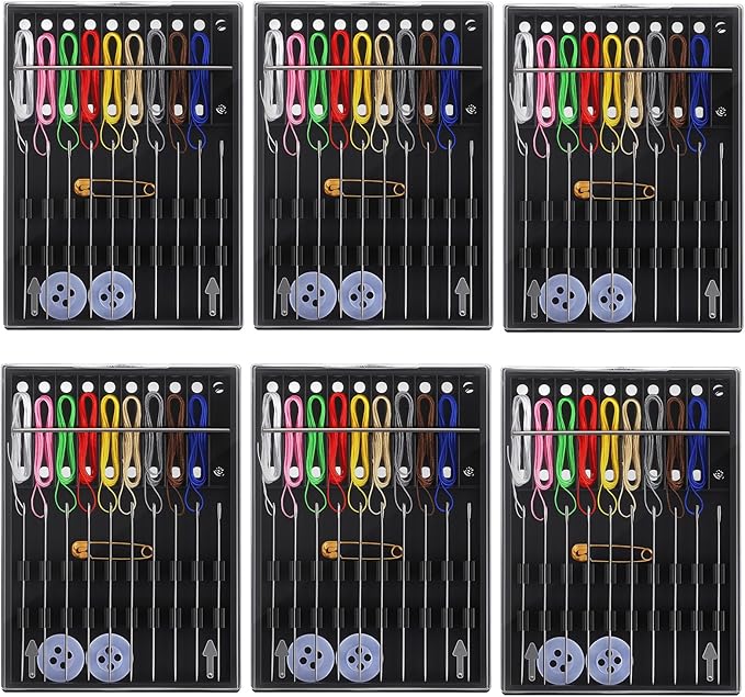 Qulkws 6 Boxes Needles and Thread Box Pre Threaded Needle Kit Easy Prethreaded Sewing Kits Home Travel Sewing Box with Button Pin