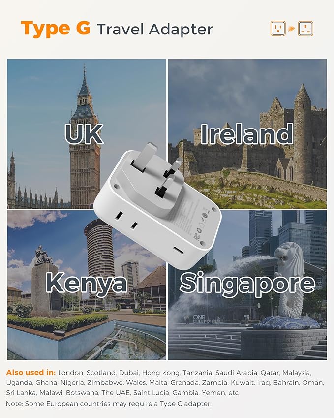 Type G Adapter for Travel 28W, TESSAN US to UK Plug Adapter with 4 Outlets 5 USB Ports (3 USB-C), Power Outlet Adaptor for USA to Ireland England London British Scotland Hong Kong Kenya, 2 Packs