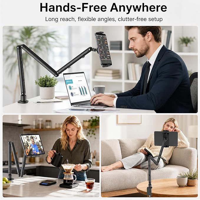 iPad Holder for Desk, Adjustable Tablet Arm iPad Desk Mount with C-Clamp, 30" Foldable Long Arm & 360° Rotation, Fits 4.7"–15.6" i Pad Pro/Air/Mini, Phones & 15.6" Portable Monitors for Desk/Bed Use