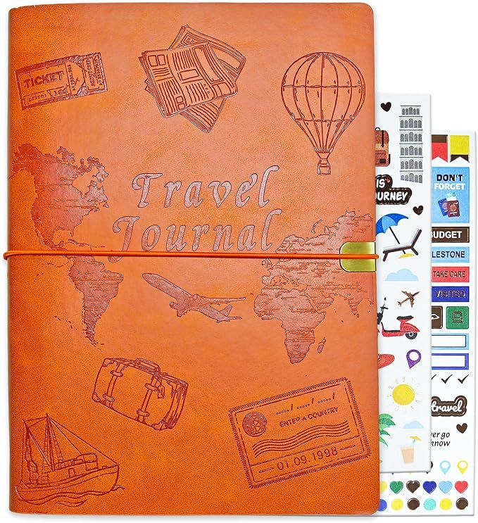 Travel Journal for Women Men and Couples, Leather Travel Notebook with Prompts, Travel Memory Book & Adventure Book (Orange)