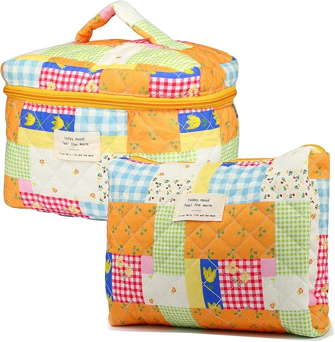 VIWIME Makeup Cosmetic Bag, Large Cotton Quilted Travel Coquette Aesthetic Cute Floral Make up Bag for Women Toiletry Bag Organizer (108- Puzzle / 2Pcs)