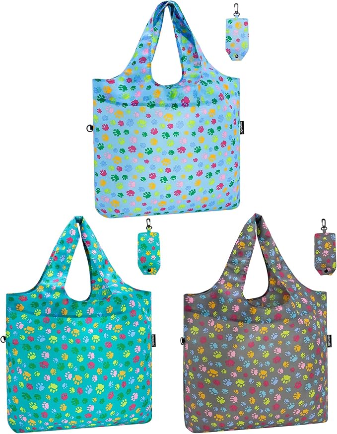 HOLYLUCK Reusable Grocery Bags,Heavy Duty Foldable Shopping Tote Bag (Standard, Multi Dog Paw Prints)