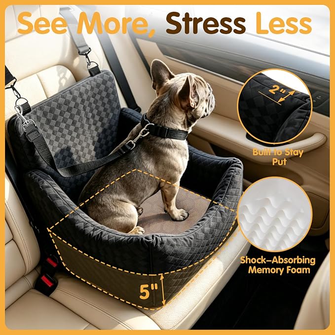Topmart Dog Car Seat for Small Medium Dogs Under 35lbs, Memory Foam Safety Dog Booster Seat for Front & Back Seat, Cozy Pet Bed for Car with Safety Tether, Storage Pockets, Machine Washable Cover