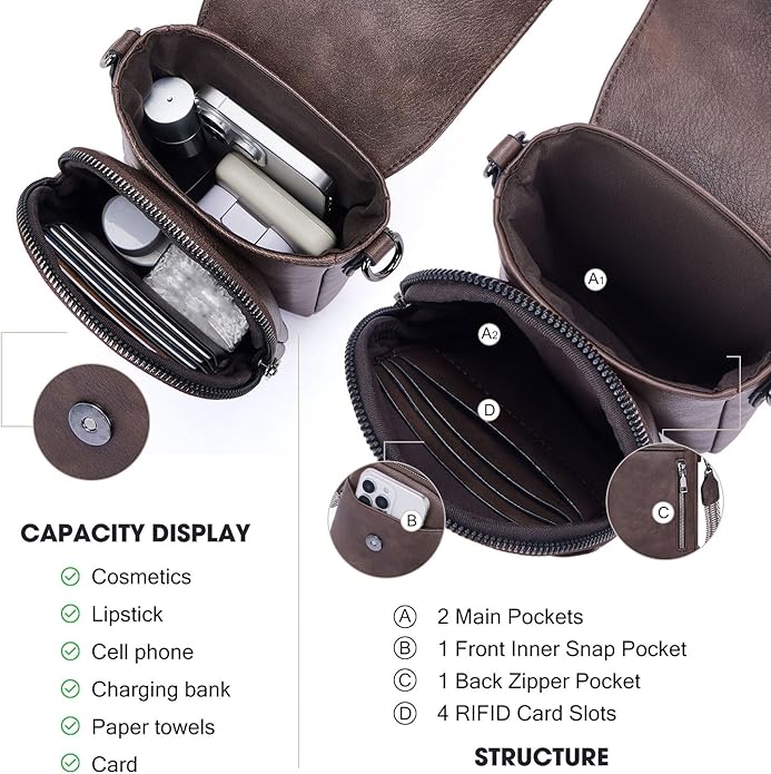 POIUGOYA Crossbody Bags for Women,Small Crossbody Purse with Triple Compartments,Cell Phone Wallet with Card Slots for Travel | Small