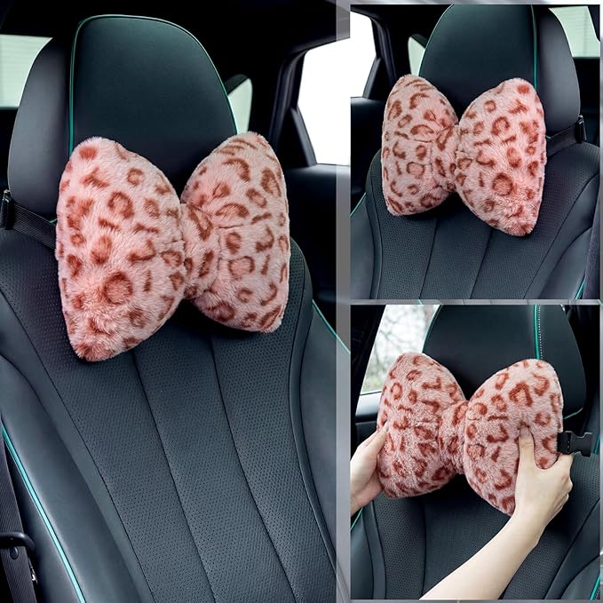 Macarrie 2 Pcs Car Neck Pillow Velvet Bow Headrest Pillow Soft Comfortable Seat Neck Support Cute Bow Car Accessories for Driving Travel Driver Chair Girl Style Interior Decor (Pink Leopard)