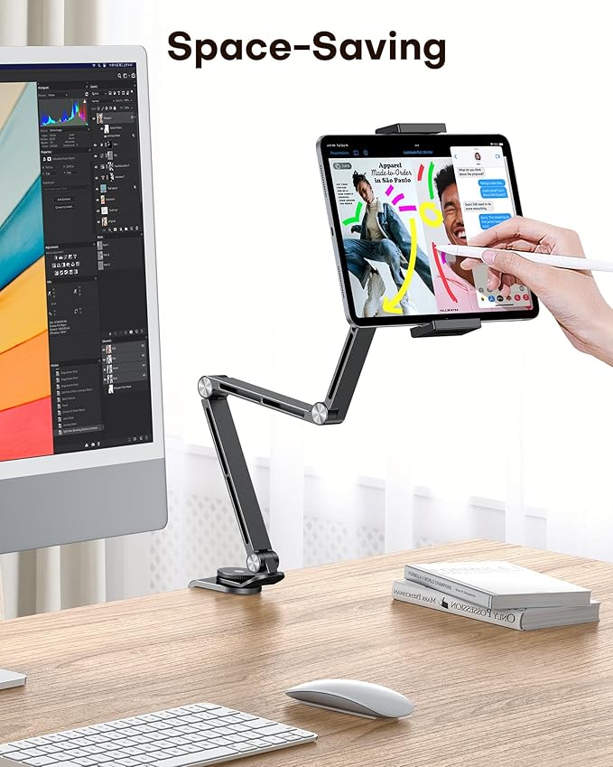 OMOTON Tablet Stand for iPad with 360° Rotation, GH03 Aluminum Alloy Long Arm Phone Mount with 2 Plastic Clamps (Phone & Tablet), Adjustable Holder for 4-13" iPad Pro/iPhone, Black