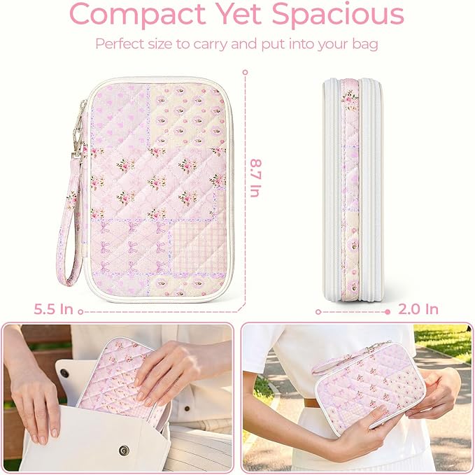 Quilted Travel Cable Organizer Pouch, Portable Electronic Accessories Carry Case, Double Layer All-in-One Storage Bag for Chargers, Cords, Phone, Gadgets (Purple Patchwork)