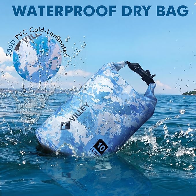 VILLEY Dry Bag Waterproof 20L Roll Top Storage Backpack, Keeps Gear Dry Lightweight Backpack for Kayaking Boating Camping Swimming and Beach Accessories Blue Camo