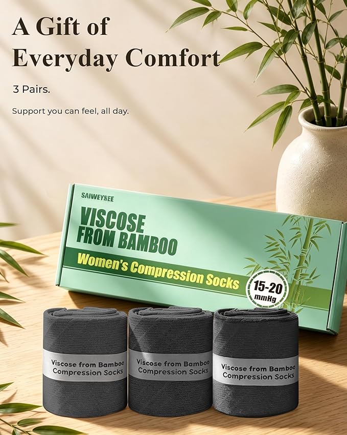 Compression Socks for Women 15-20 mmHg, Viscose from Bamboo, 3-Pair Knee High for Flying, Work & All-Day Comfort