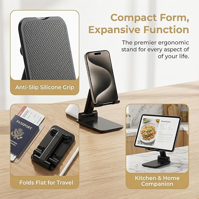 Phone Stand for Desk, Cell Phone Holder Cute Smart Cellphone Stand Foldable Stands Compatible with Under 8" Devices, Office Accessories, Black, 1
