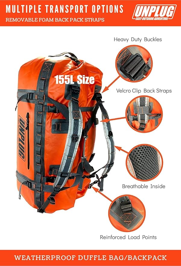 UNPLUG Ultimate Adventure | 1680D Heavy Duty Waterproof Bag | Large Travel Bag which can be Used for Camping, Motorcycling, Boating, or Hunting|155L Adventure Orange