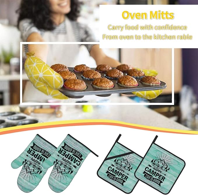 Happy Camper Oven Mitts and Pot Holders Sets of 4,Resistant Hot Pads with Polyester Non-Slip BBQ Gloves for Kitchen,Cooking,Baking,Grilling