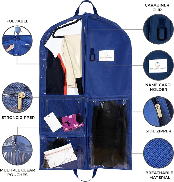 Waterproof Hanging Garment Bag 40 inch Clothes Bag with Gusset, 5 Pockets & Side Zip for Dance Costumes, Sports, Skating, Theatre, Beauty Pageants,Cheer & More by Kendall Country, Navy Blue
