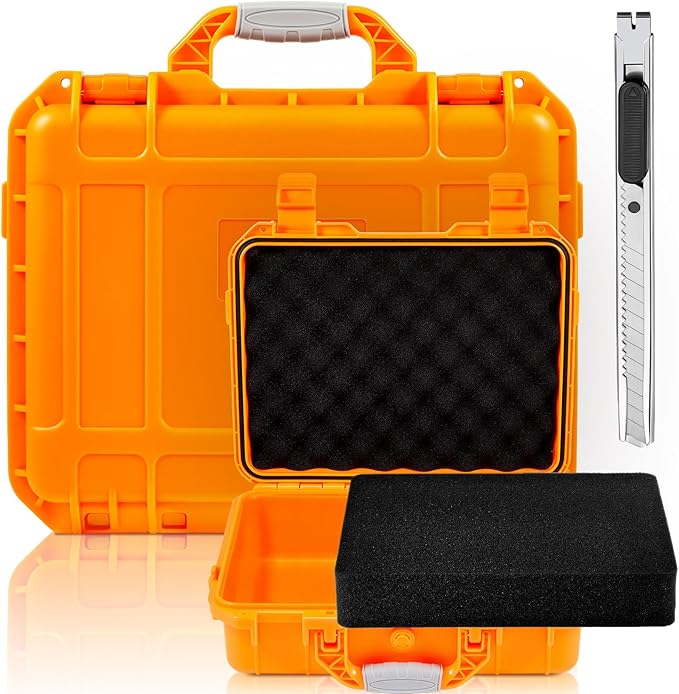 Relaxweex 1 Pcs Waterproof Hard Case with DIY Customizable Foam Insert Portable Protective Case with Knife for Camera Drones Equipments Tools Test Instruments(Orange,14.3 x 11.4 x 4.5 Inch)