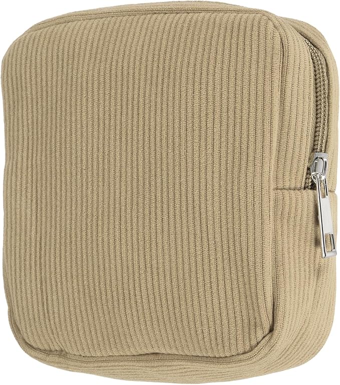 uxcell Period Bag for Teen Girls Women, Portable Corduroy Sanitary Towel Compact Cute Pouch with Zippers, Small Pouch Napkin Storage Pads Holder for Travel, Daily Use, Purse, Khaki