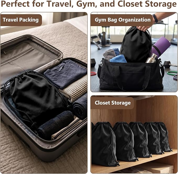 MERKFO Shoe Bags for Travel, 6 Pack Flannel Travel Shoe Bags for Luggage, Large Drawstring Shoe Dust Bags for Packing Shoes, Closet Storage, Fits Up to Men's Size 13, Black