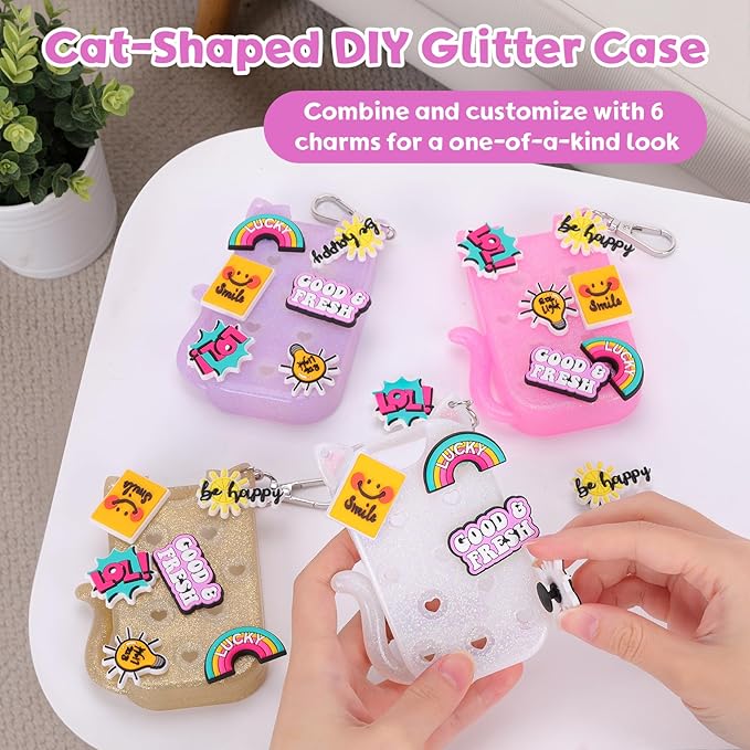 FunisFun Glitter Silicone Holder Case Compatible with Hand Sanitizer Spray 1 Fl. OZ., Cat-shaped Case Keychain with 6 Charms
