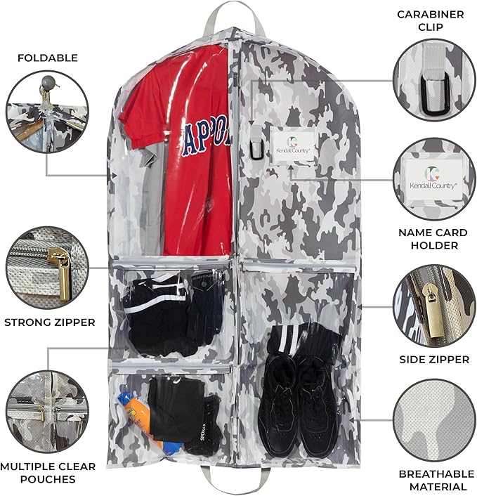 Waterproof Hanging Garment Bag 40 inch Clothes Bag with Gusset, 2 Pack, 5 Pockets & Side Zip for Dance Costumes, Sports, Skating, Theatre, Beauty Pageants, Cheer & More by Kendall Country, Camo Grey