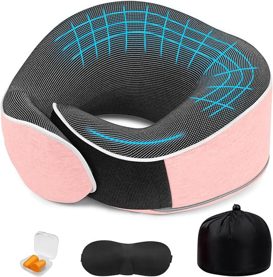 Travel Pillows for Airplanes Ergonomic Memory Foam Neck Pillow for Travel - 360° Head & Neck Support for Sleeping on Flights, Cars, Trains & Office (Pink-2)