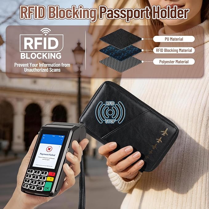Family Passport Holder for 4 with Clear Passport Cover Anti-Theft RFID Blocking Passport Holder for Travel PU Passport Wallet Case Travel Document Organizer (Black)