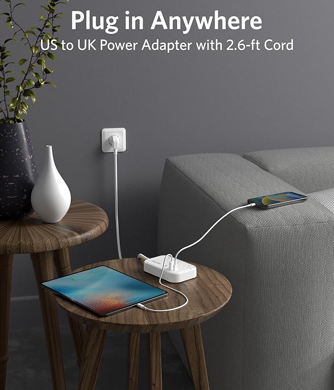 BESTEK US to UK Travel Plug Adapter: Type G Adapter with 3 AC Outlets and 4 USB (1 PD20W) - Power Strip for USA, UK, Ireland, Scotland, Hong Kong, British, London - 2.6ft