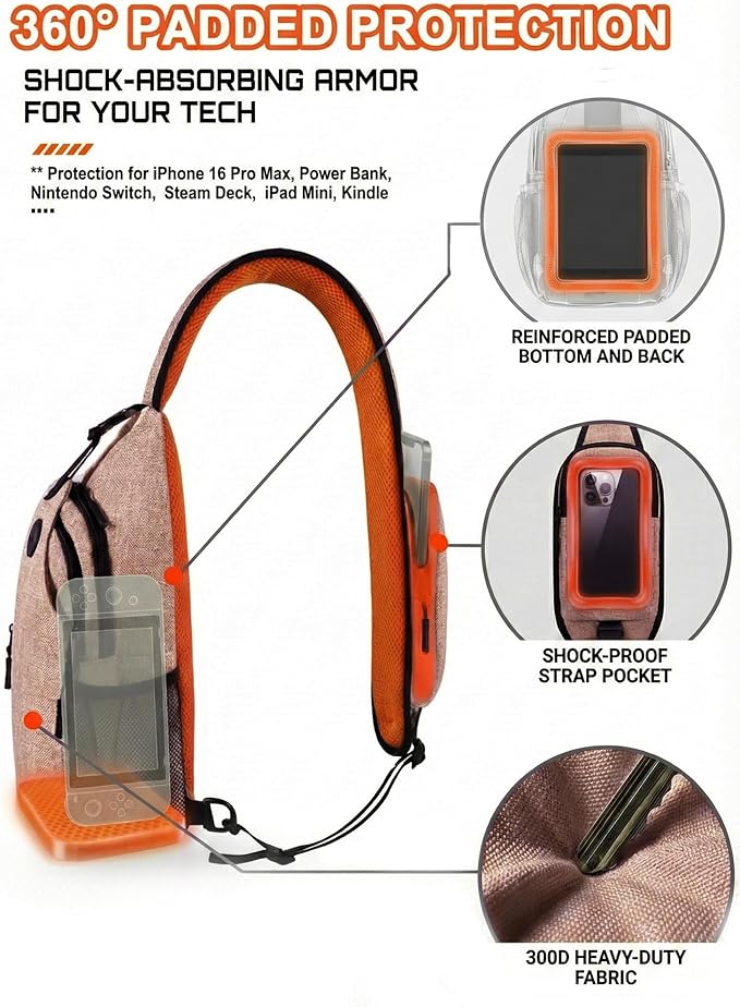 Sling Backpack for Women & Men, Crossbody Travel Bag with Water Bottle Holders, 17 Pockets, Quick-Access Phone Pocket, Hidden Security Pocket, Fits 11" Tablet, for Daily Carry, Travel, Theme Parks